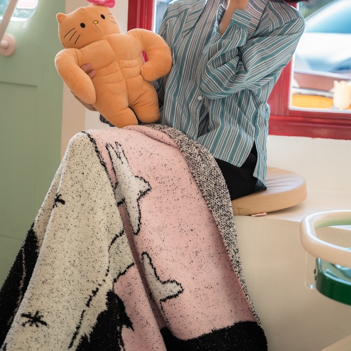 91家纺网 家纺一手货源 找家纺 圆岛 2024新款多功能针织半边绒毛毯 秋千猫