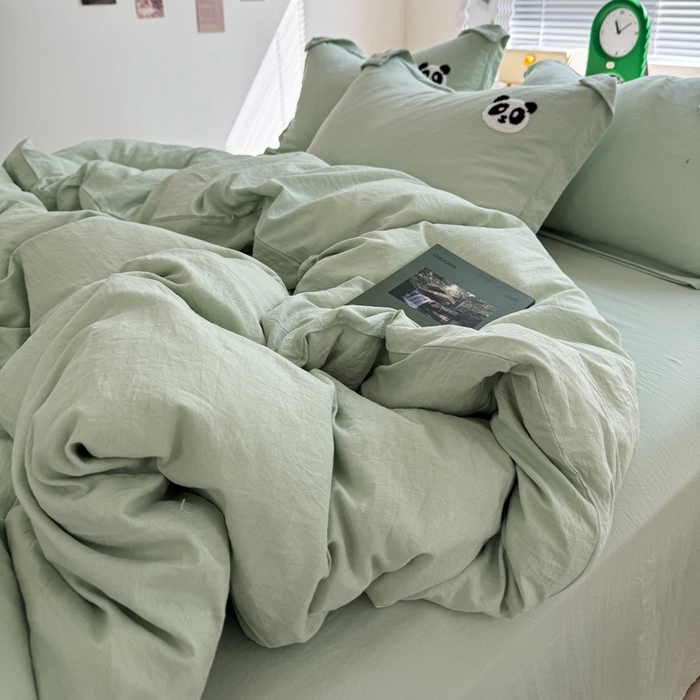 91家纺网 家纺一手货源 找家纺 布可家纺 2025新款水洗棉毛巾绣四件套 熊猫嘟嘟-绿