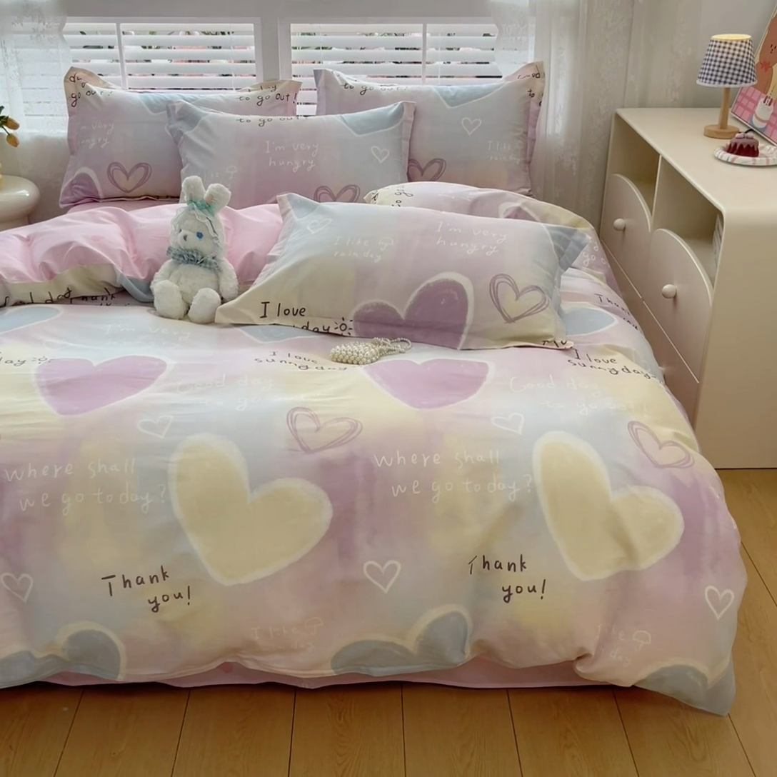 91家纺网 家纺一手货源 找家纺 红馆 2025年全棉12868印花系列四件套 爱心记忆