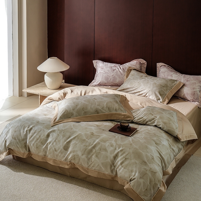 91家纺网 家纺一手货源 找家纺 2024新款天丝棉磨毛宽边+嵌条印花四件套 岚烟-绿