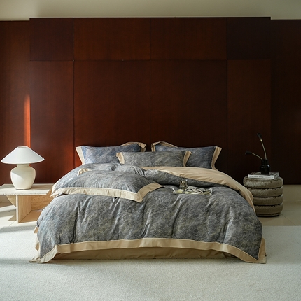 2024新款天丝棉磨毛宽边+嵌条印花四件套 巴黎印象-棕