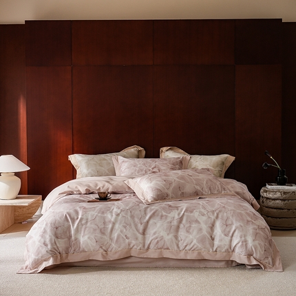 2024新款天丝棉磨毛宽边+嵌条印花四件套 岚烟-卡其