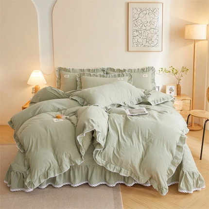 91家纺网 家纺一手货源 找家纺 缦彩 2024新款全棉纯棉蕾丝花边纯色床盖花边被套四件套 梦幻绿