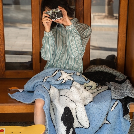 圆岛 2024新款多功能针织半边绒毛毯 喷泉小鱼