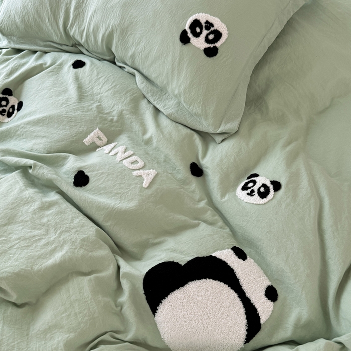 91家纺网 家纺一手货源 找家纺 布可家纺 2025新款水洗棉毛巾绣四件套 熊猫嘟嘟-绿