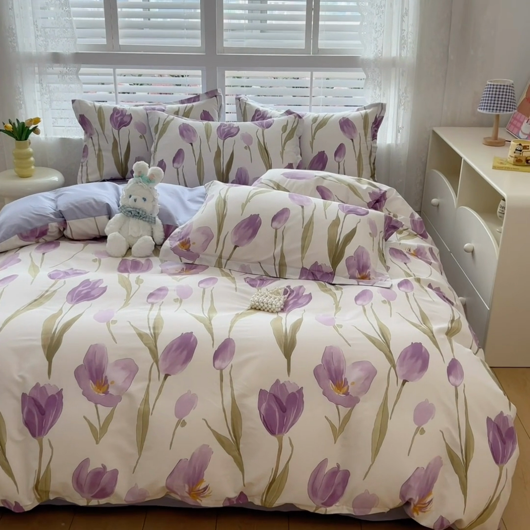 91家纺网 家纺一手货源 找家纺 红馆 2025年全棉12868印花系列四件套 紫色郁金香