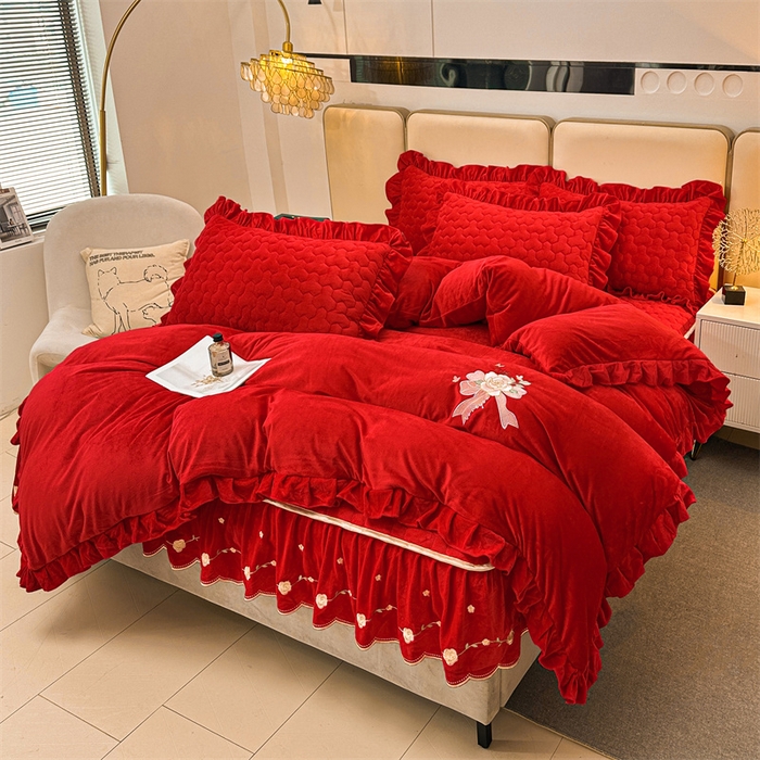 91家纺网 家纺一手货源 找家纺 恒爱家纺 2024新款宝宝绒霞姿月韵四件套 喜庆红