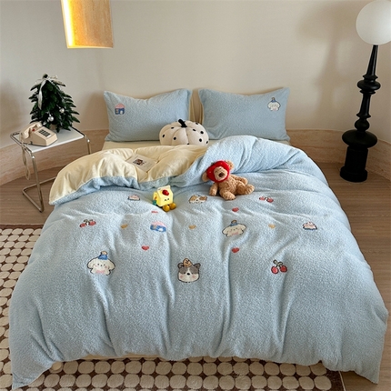 91家纺网 家纺一手货源 找家纺 柚子YOUTH 2024新款双面泰迪绒毛巾绣四件套 糯米狗