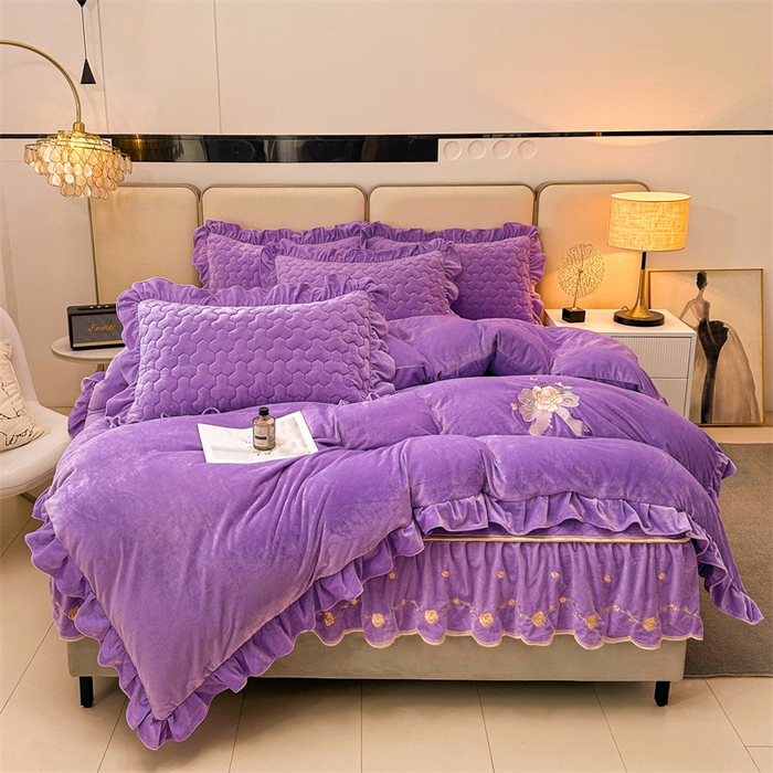 91家纺网 家纺一手货源 找家纺 恒爱家纺 2024新款宝宝绒霞姿月韵四件套 浪漫紫