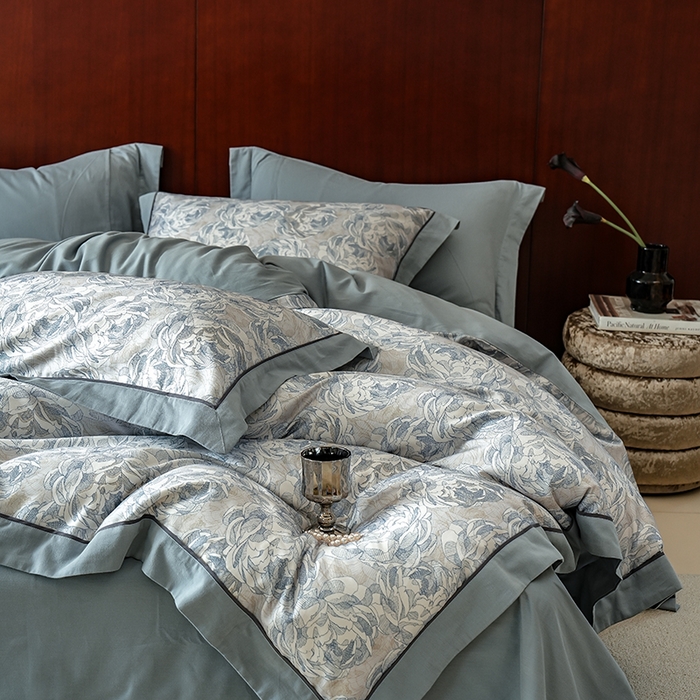 91家纺网 家纺一手货源 找家纺 2024新款天丝棉磨毛宽边+嵌条印花四件套 繁花予槿-蓝