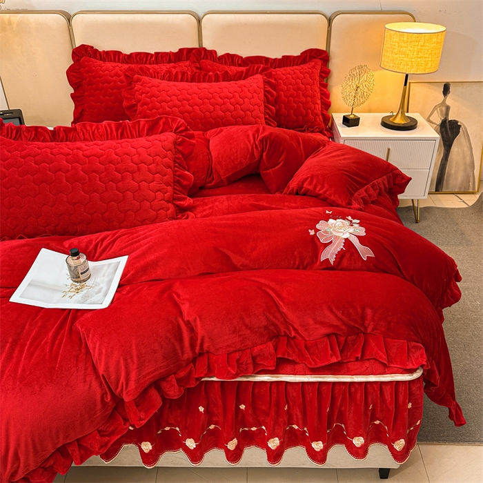 91家纺网 家纺一手货源 找家纺 恒爱家纺 2024新款宝宝绒霞姿月韵四件套 喜庆红