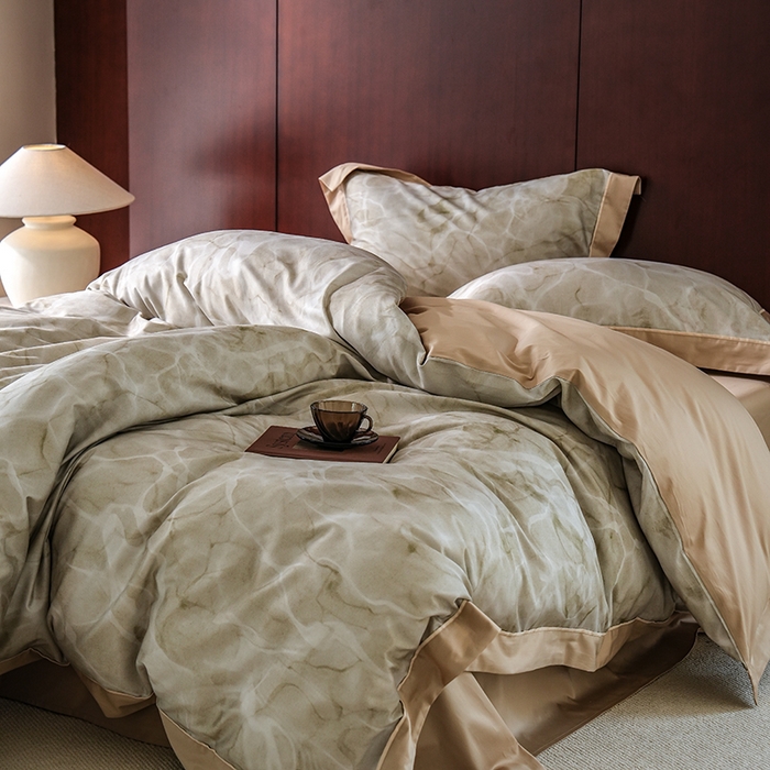 91家纺网 家纺一手货源 找家纺 2024新款天丝棉磨毛宽边+嵌条印花四件套 岚烟-绿