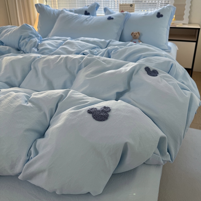 91家纺网 家纺一手货源 找家纺 布可家纺 2025新款水洗棉毛巾绣四件套 米奇-浅蓝