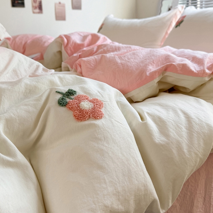 91家纺网 家纺一手货源 找家纺 布可家纺 2025新款水洗棉毛巾绣四件套 花儿朵朵-白玉