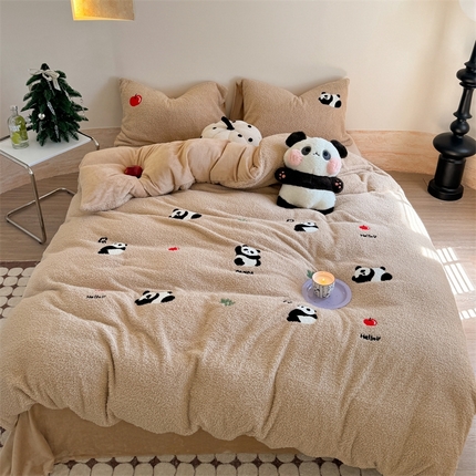 91家纺网 家纺一手货源 找家纺 柚子YOUTH 2024新款双面泰迪绒毛巾绣四件套 熊猫咖