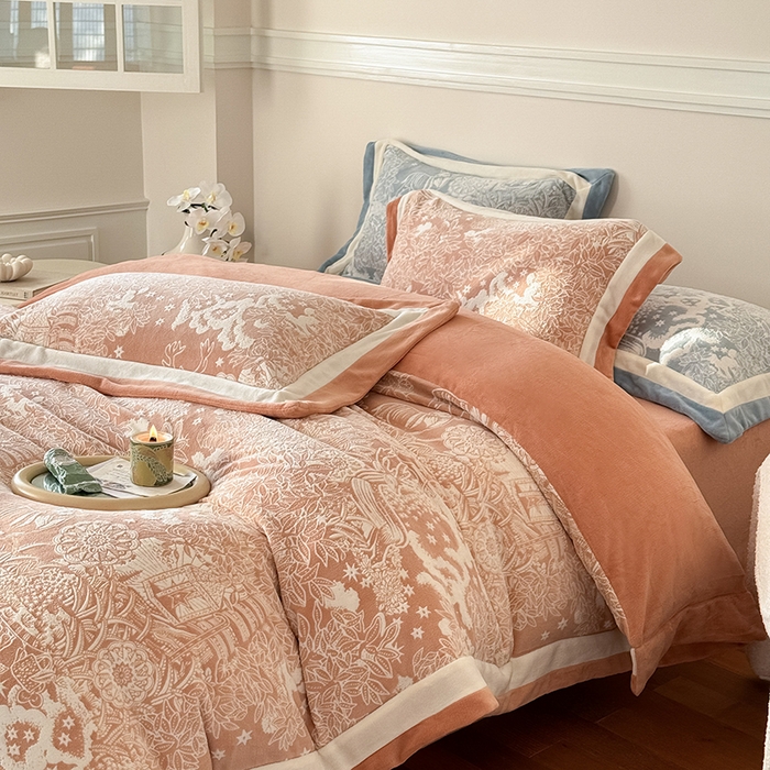 91家纺网 家纺一手货源 找家纺 2024冬季新款雕花绒系列四件套-赫本 赫本-橙