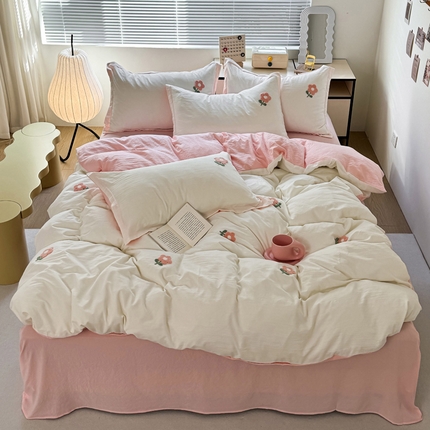 91家纺网 家纺一手货源 找家纺 布可家纺 2025新款水洗棉毛巾绣四件套 花儿朵朵-白玉