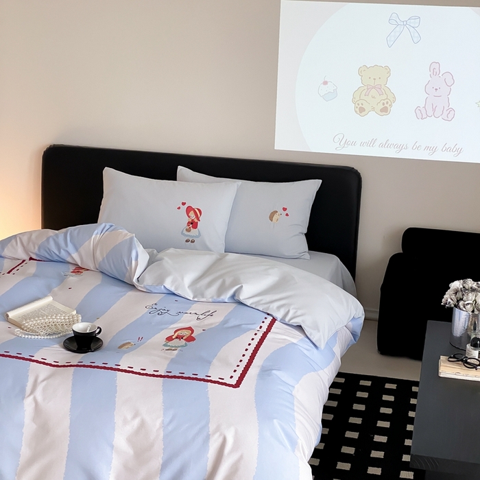 91家纺网 家纺一手货源 找家纺 旷野 2024新款100支全棉磨毛刺绣四件套 蓝色心情