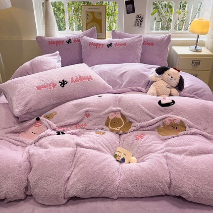 金爱家 2024新款220g加厚防静电泰迪绒牛奶绒刺绣四件套 泰迪绒-可爱狗