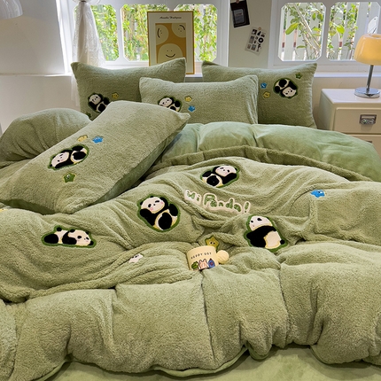 金爱家 2024新款220g加厚防静电泰迪绒牛奶绒刺绣四件套 泰迪绒-熊猫宝贝