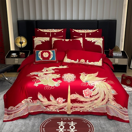 91家纺网 家纺一手货源 找家纺 芊囍纺 2024新款亲肤磨毛婚庆刺绣四件套 龙凤报喜