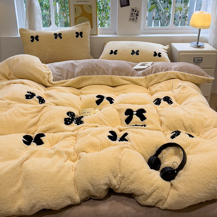 91家纺网 家纺一手货源 找家纺 金爱家 2024新款220g加厚防静电泰迪绒牛奶绒刺绣四件套 泰迪绒-蝴蝶结