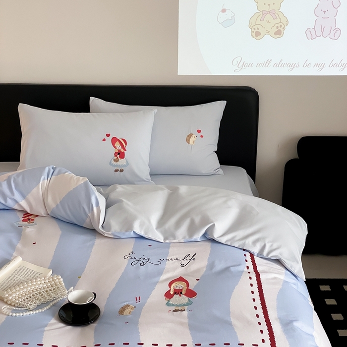 91家纺网 家纺一手货源 找家纺 旷野 2024新款100支全棉磨毛刺绣四件套 蓝色心情