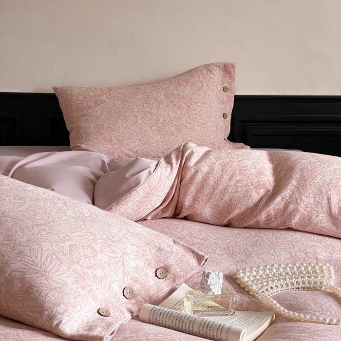 91家纺网 家纺一手货源 找家纺 旷野 2024新款全棉色织大提花磨毛四件套 晚枫林-粉