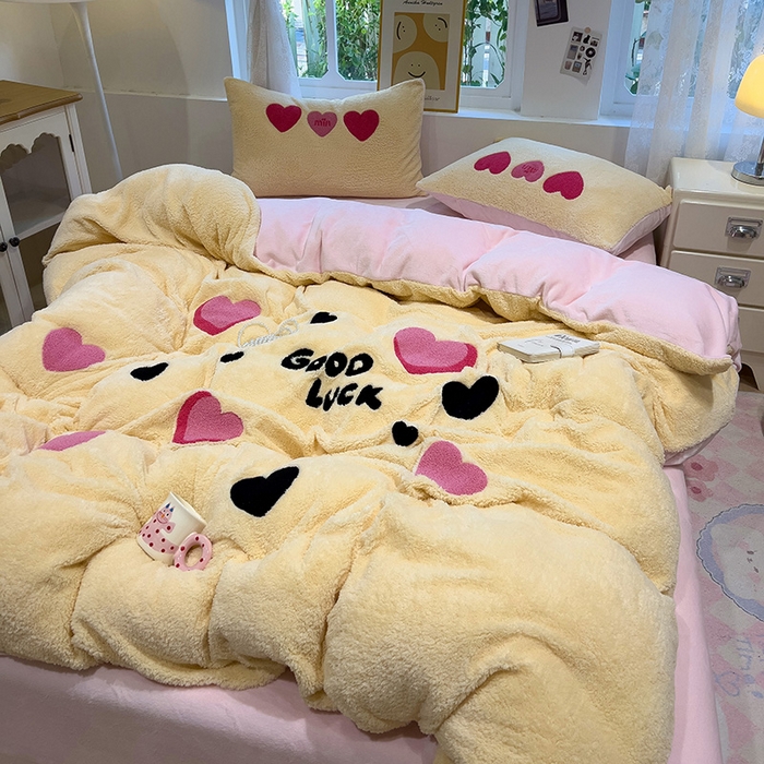 91家纺网 家纺一手货源 找家纺 金爱家 2024新款220g加厚防静电泰迪绒牛奶绒刺绣四件套 泰迪绒-幸运心