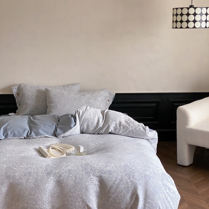 91家纺网 家纺一手货源 找家纺 旷野 2024新款全棉色织大提花磨毛四件套 晚枫林-蓝