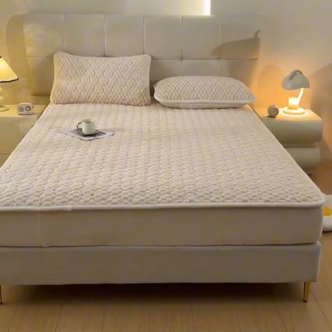 91家纺网 家纺一手货源 找家纺 鑫钰 2024秋冬新款加厚金龟绒牛奶绒床笠床垫保护罩 金龟绒-米白