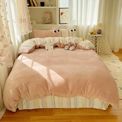 慕尚 2025新款可爱大眼睛蝴蝶结牛奶绒四件套 露娜粉豆沙