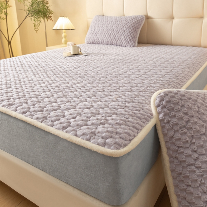 91家纺网 家纺一手货源 找家纺 鑫钰 2024秋冬新款加厚金龟绒牛奶绒床笠床垫保护罩 金龟绒-紫灰