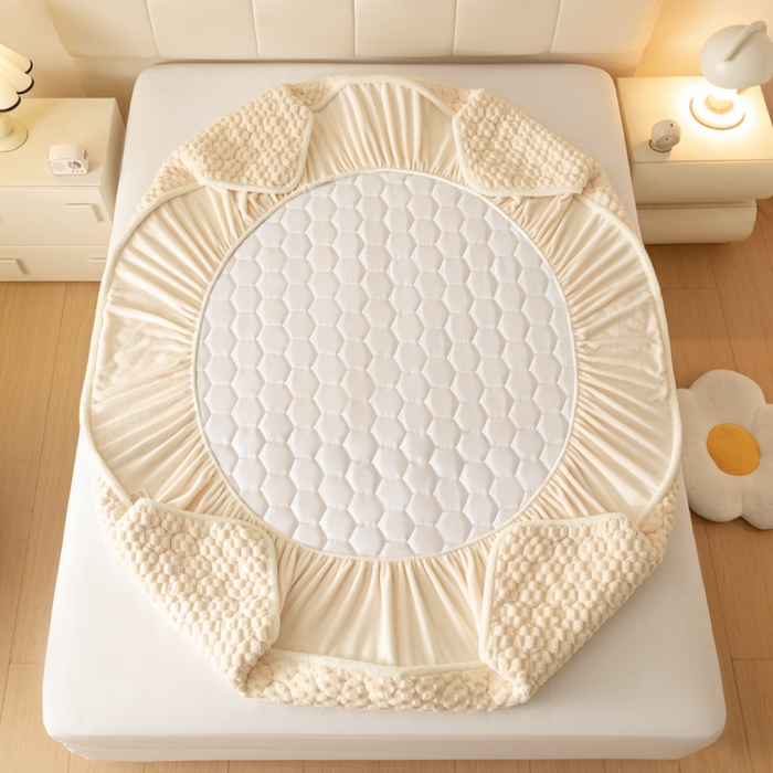 91家纺网 家纺一手货源 找家纺 鑫钰 2024秋冬新款加厚金龟绒牛奶绒床笠床垫保护罩 金龟绒-米白