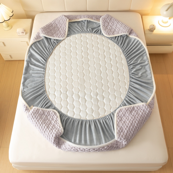 91家纺网 家纺一手货源 找家纺 鑫钰 2024秋冬新款加厚金龟绒牛奶绒床笠床垫保护罩 金龟绒-紫灰