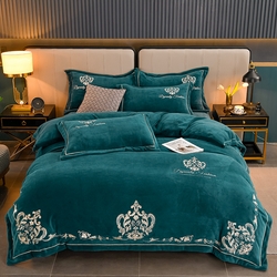91家纺网 家纺一手货源 找家纺 沐妍家纺 2024新款重工刺绣绣花纯色牛奶绒四件套皇冠-午夜蓝,皇冠-午夜蓝