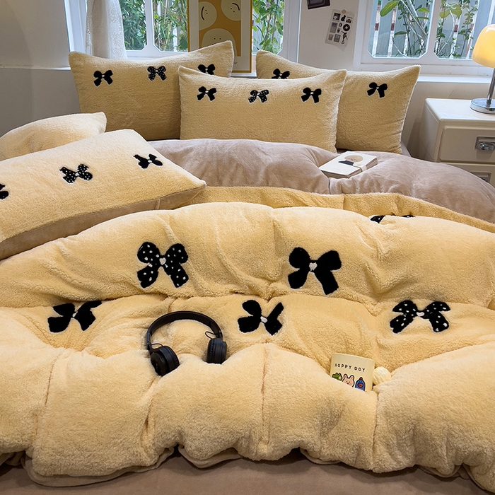 91家纺网 家纺一手货源 找家纺 金爱家 2024新款220g加厚防静电泰迪绒牛奶绒刺绣四件套 泰迪绒-蝴蝶结