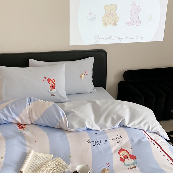 91家纺网 家纺一手货源 找家纺 旷野 2024新款100支全棉磨毛刺绣四件套 蓝色心情