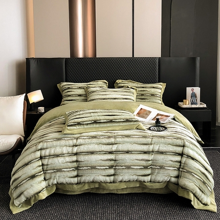 91家纺网 家纺一手货源 找家纺 2024新款A类兔毛绒拼角四件套-赫拉 赫拉-莺茶绿