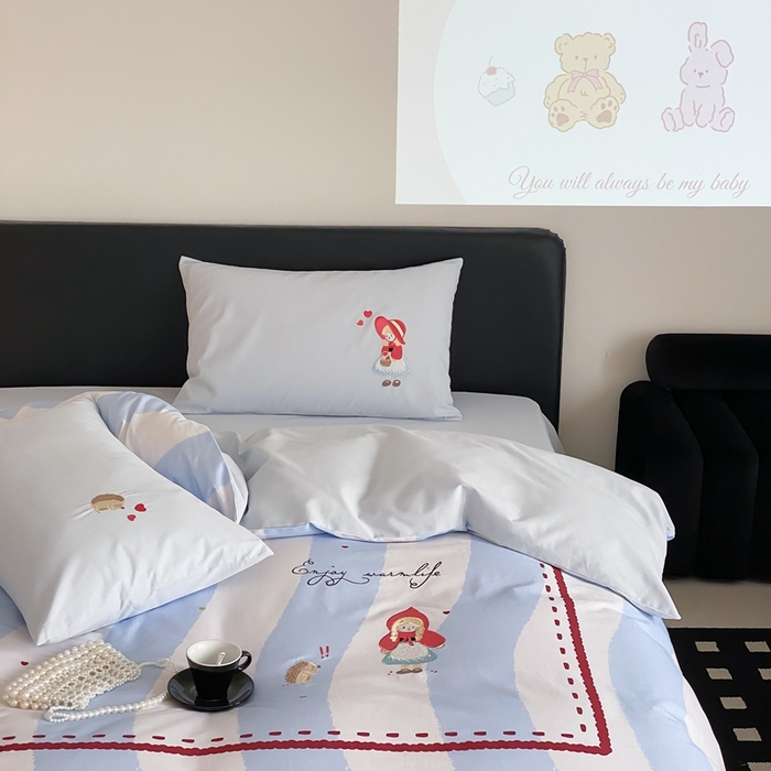 91家纺网 家纺一手货源 找家纺 旷野 2024新款100支全棉磨毛刺绣四件套 蓝色心情