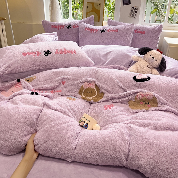 91家纺网 家纺一手货源 找家纺 金爱家 2024新款220g加厚防静电泰迪绒牛奶绒刺绣四件套 泰迪绒-可爱狗