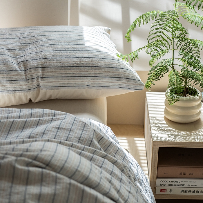 91家纺网 家纺一手货源 找家纺 （总）2024新款简约纯棉条纹提花四件套特殊工艺日式全棉被套提花人字纹双人床单--不言系列