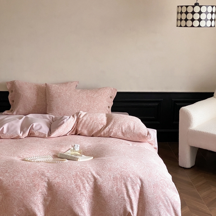 91家纺网 家纺一手货源 找家纺 旷野 2024新款全棉色织大提花磨毛四件套 晚枫林-粉