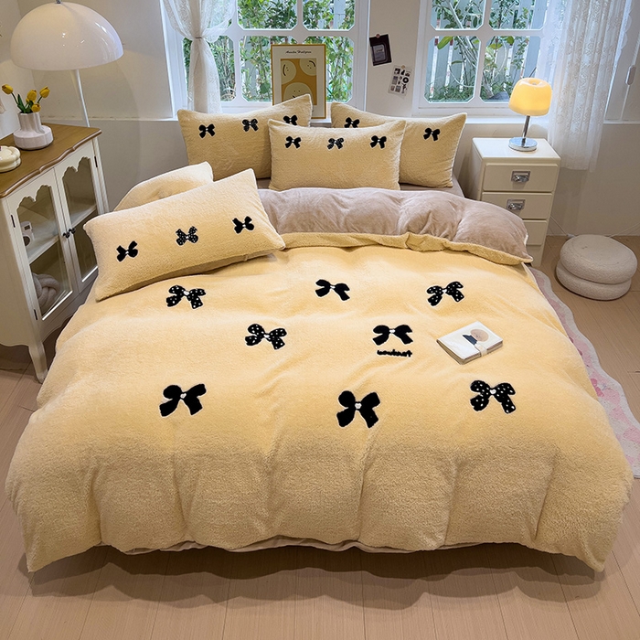 91家纺网 家纺一手货源 找家纺 金爱家 2024新款220g加厚防静电泰迪绒牛奶绒刺绣四件套 泰迪绒-蝴蝶结