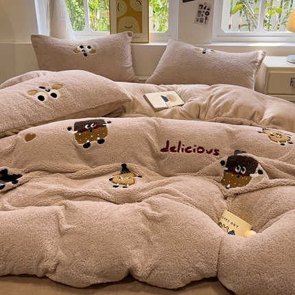 金爱家 2024新款220g加厚防静电泰迪绒牛奶绒刺绣四件套 泰迪绒-咖啡宝宝