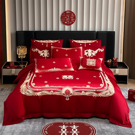 91家纺网 家纺一手货源 找家纺 芊囍纺 2024新款亲肤磨毛婚庆刺绣四件套 恭贺新禧