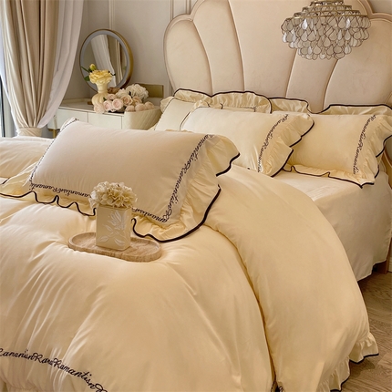 91家纺网 家纺一手货源 找家纺 2024新款水洗棉刺绣花边四件套-艾薇 艾薇-黄