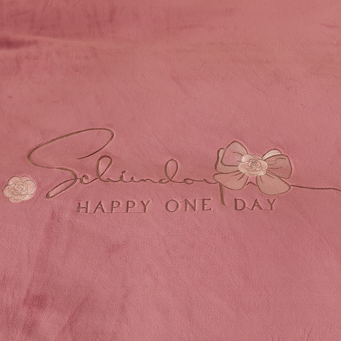 91家纺网 家纺一手货源 找家纺 2024新款高克重牛奶绒被套素色绣花床裙款四件套 豆沙色