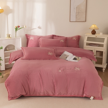 2024新款高克重牛奶绒被套素色绣花床裙款四件套 豆沙色
