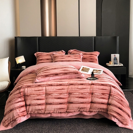 91家纺网 家纺一手货源 找家纺 2024新款A类兔毛绒拼角四件套-赫拉 赫拉-秋香红